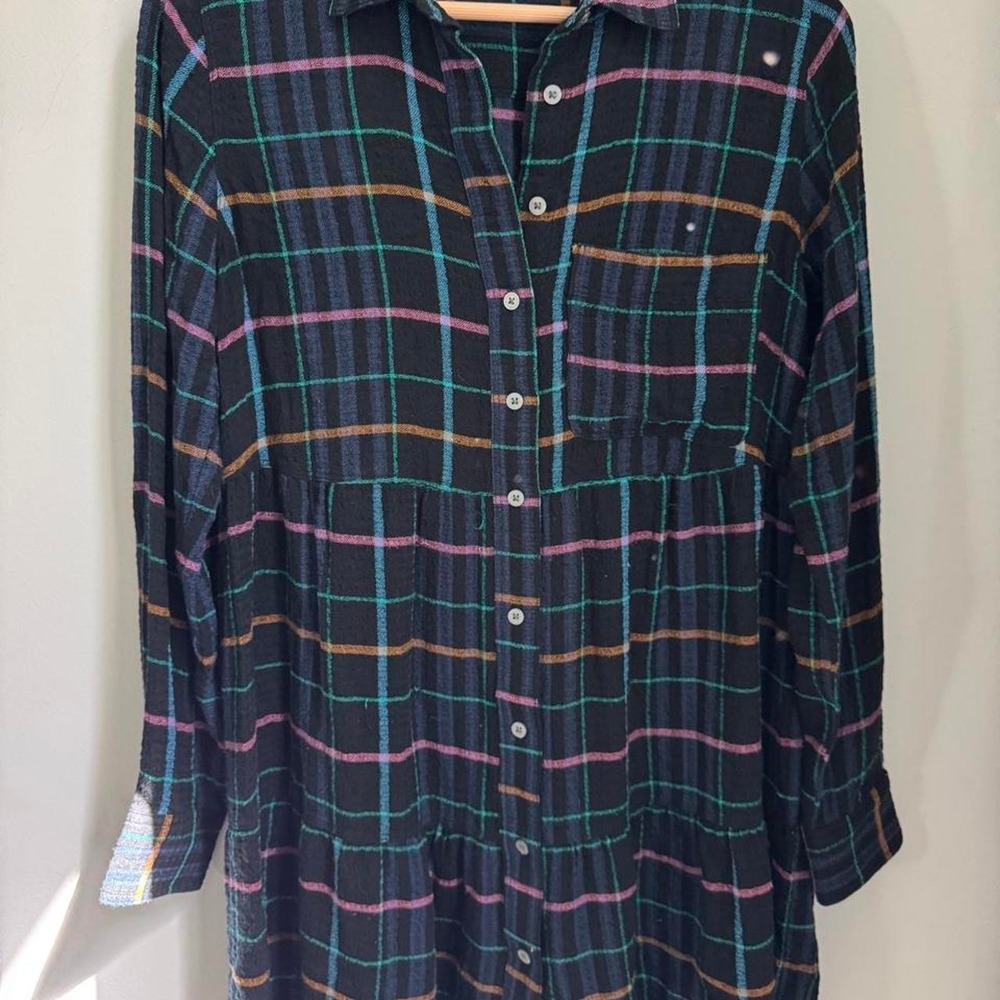 LOFT black plaid womens dress (or long shirt) with pink, teal, and brown